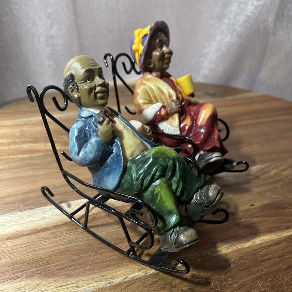 Folk Art Grandpa & Grandma Sitting In Metal Rocking Chair Metal Folk Art - Picture 6 of 10